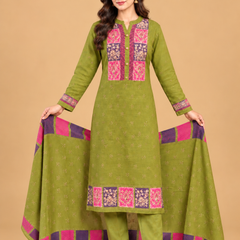 Olive Green Patchwork Embroidered Winter Kurta Pant Dupatta Set