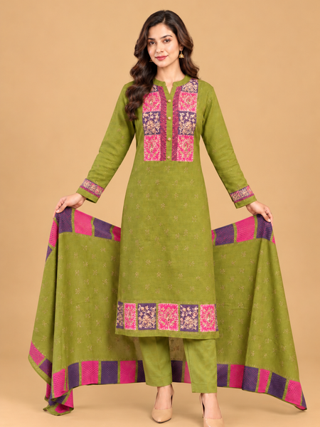 Olive Green Patchwork Embroidered Winter Kurta Pant Dupatta Set