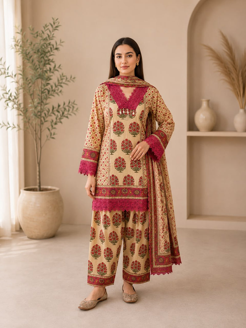 Women’s Beige & Blue Printed Kurta Patiala Set with Dupatta | Ethnic 3-Piece Cotton Suit Set