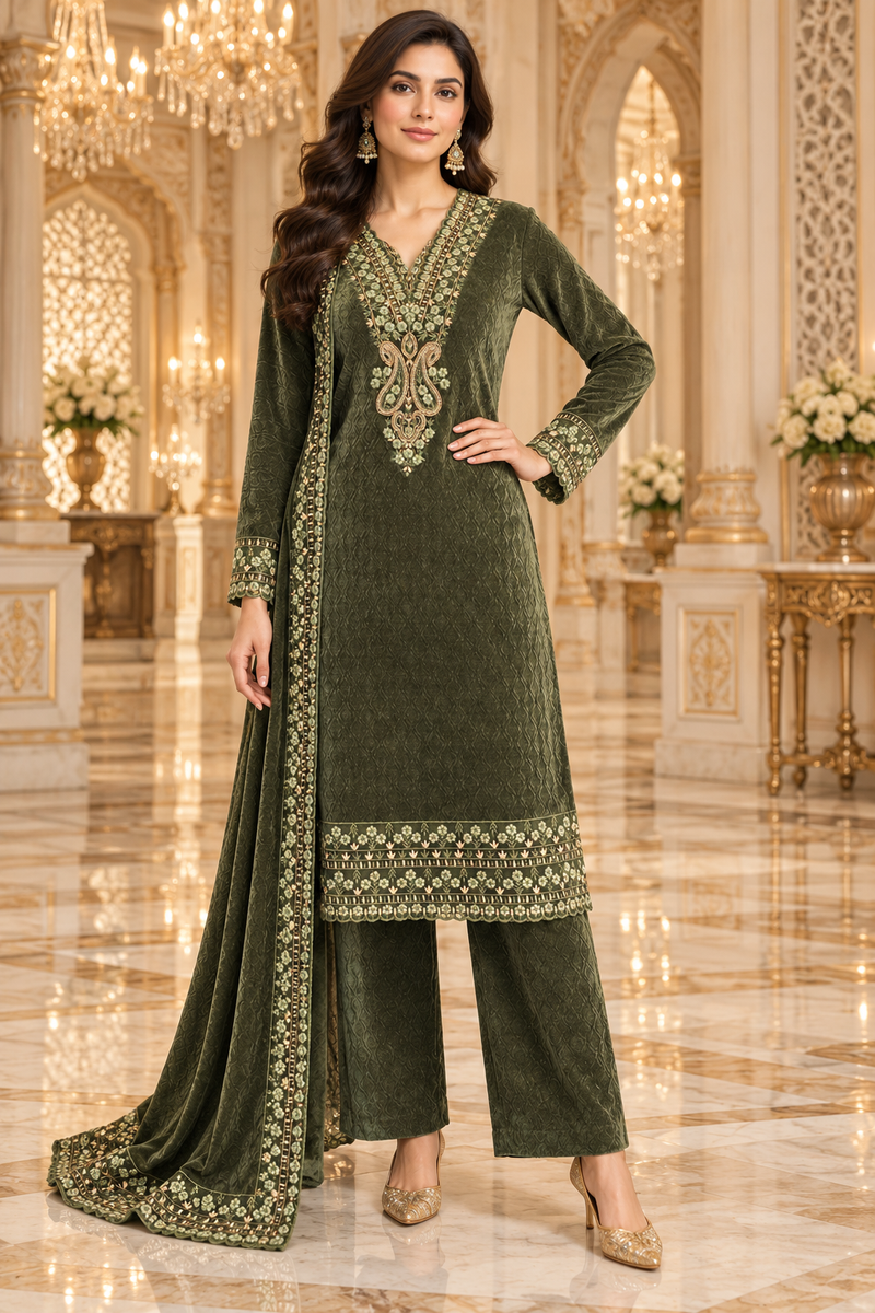 Embroidered Velvet Kurta Set with Dupatta