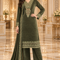 Embroidered Velvet Kurta Set with Dupatta