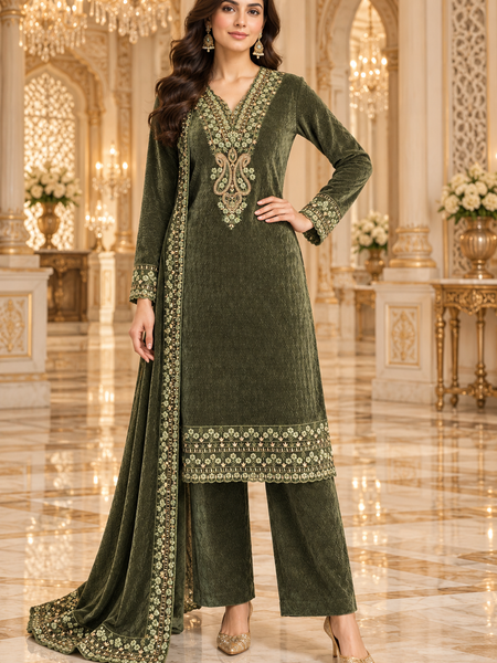 Embroidered Velvet Kurta Set with Dupatta