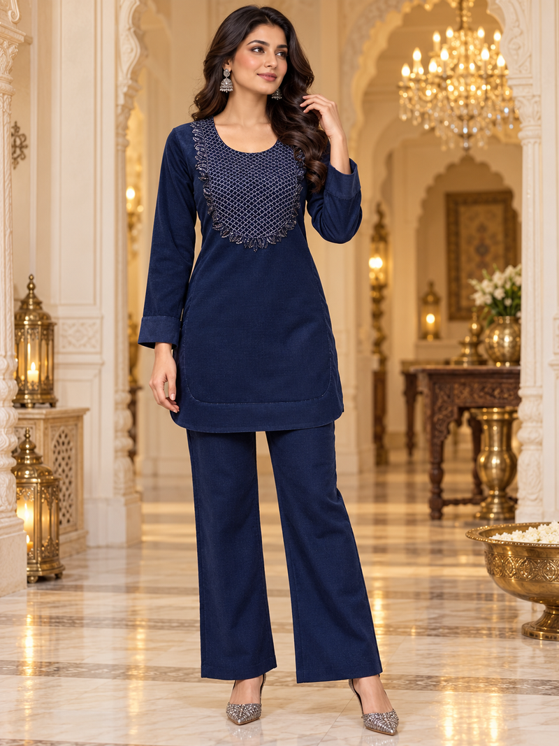 Corduroy Co-ord Set with Embroidered Yoke