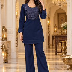 Corduroy Co-ord Set with Embroidered Yoke