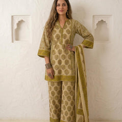 Rustic Olive ,Lime green , with rich teal  Handblock Suit Set