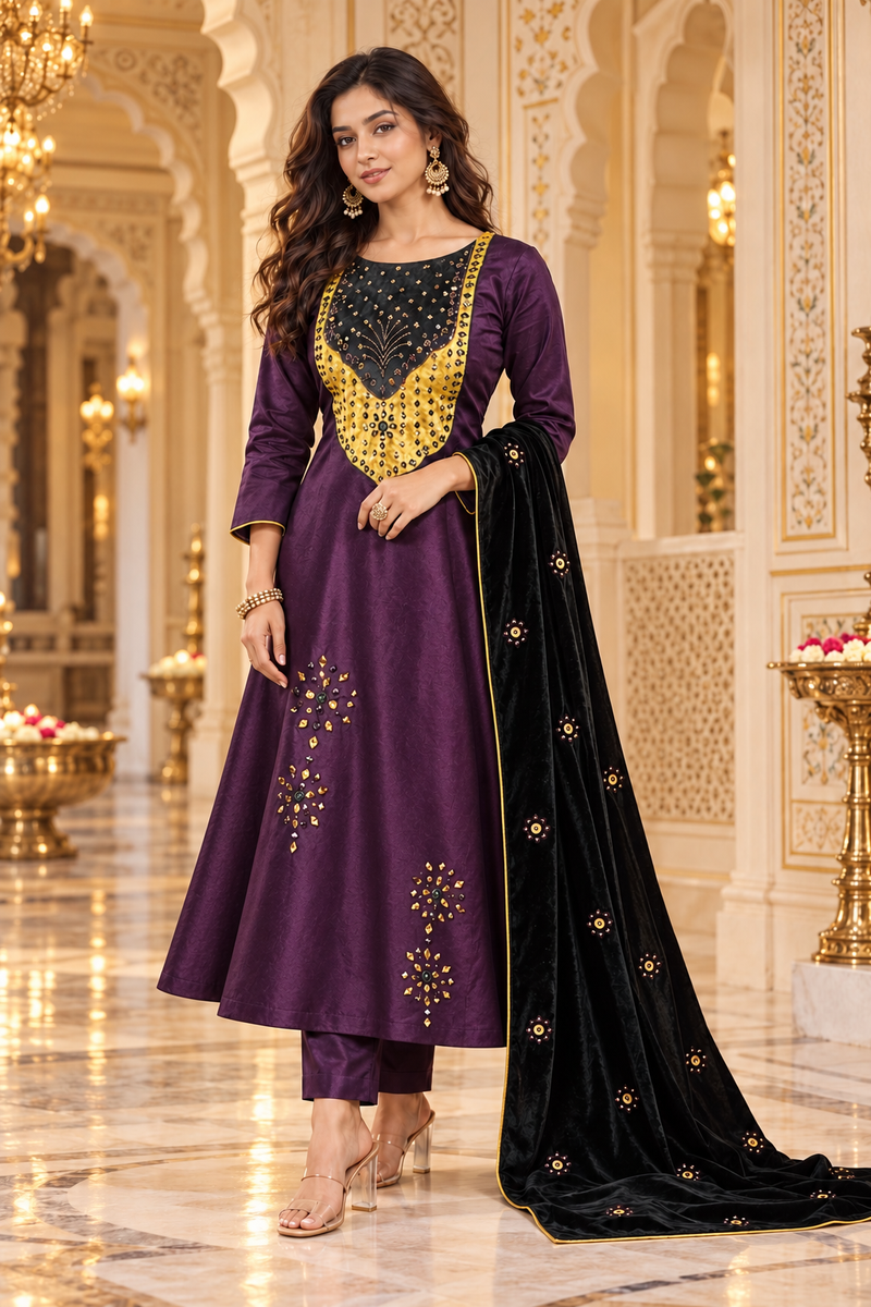 Royal Plum Mirror Work Anarkali Suit with Velvet Dupatta