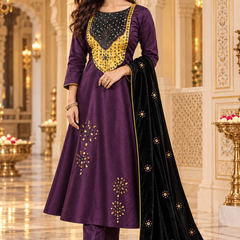 Royal Plum Mirror Work Anarkali Suit with Velvet Dupatta