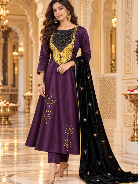 Royal Plum Mirror Work Anarkali Suit with Velvet Dupatta