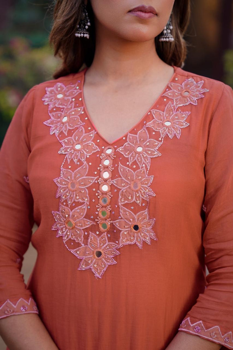 Premium Mul Chanderi Appliqué & Mirror Work Kurta Set with Dupatta