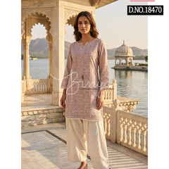 Dusty Pink Embroidered Kurta with Cream Palazzo Set for Women | Elegant Ethnic Wear