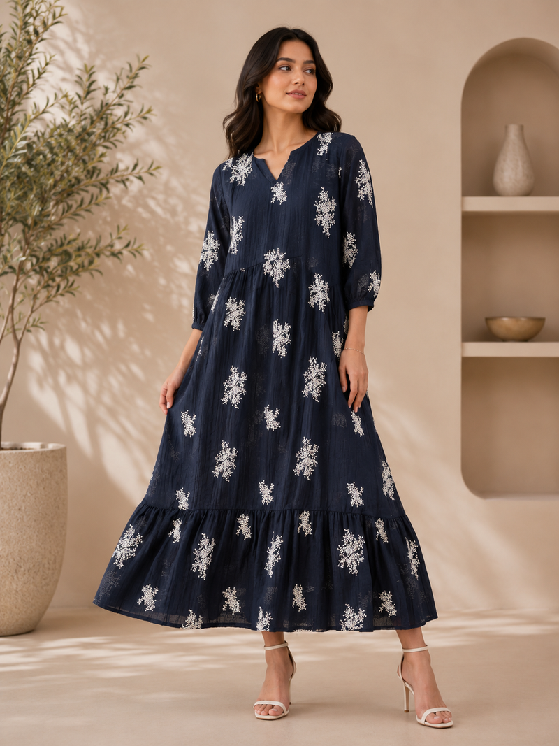 Women’s Navy Blue Floral Print Tiered Maxi Dress | Elegant Cotton Blend Long Dress for Casual & Party Wear