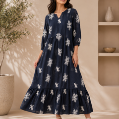 Women’s Navy Blue Floral Print Tiered Maxi Dress | Elegant Cotton Blend Long Dress for Casual & Party Wear