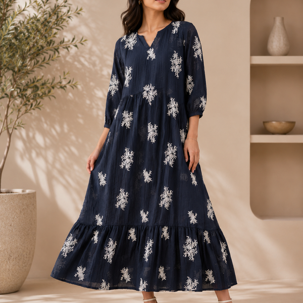 Women’s Navy Blue Floral Print Tiered Maxi Dress | Elegant Cotton Blend Long Dress for Casual & Party Wear