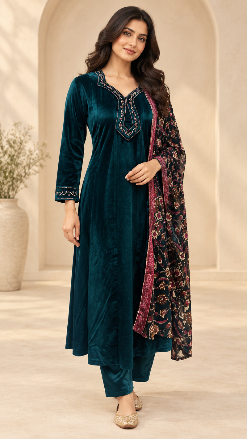Velvet Embroidered Suit Set with Printed Dupatta