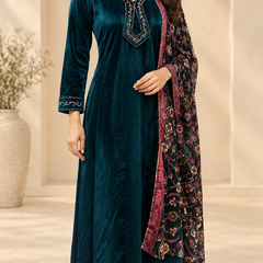 Velvet Embroidered Suit Set with Printed Dupatta