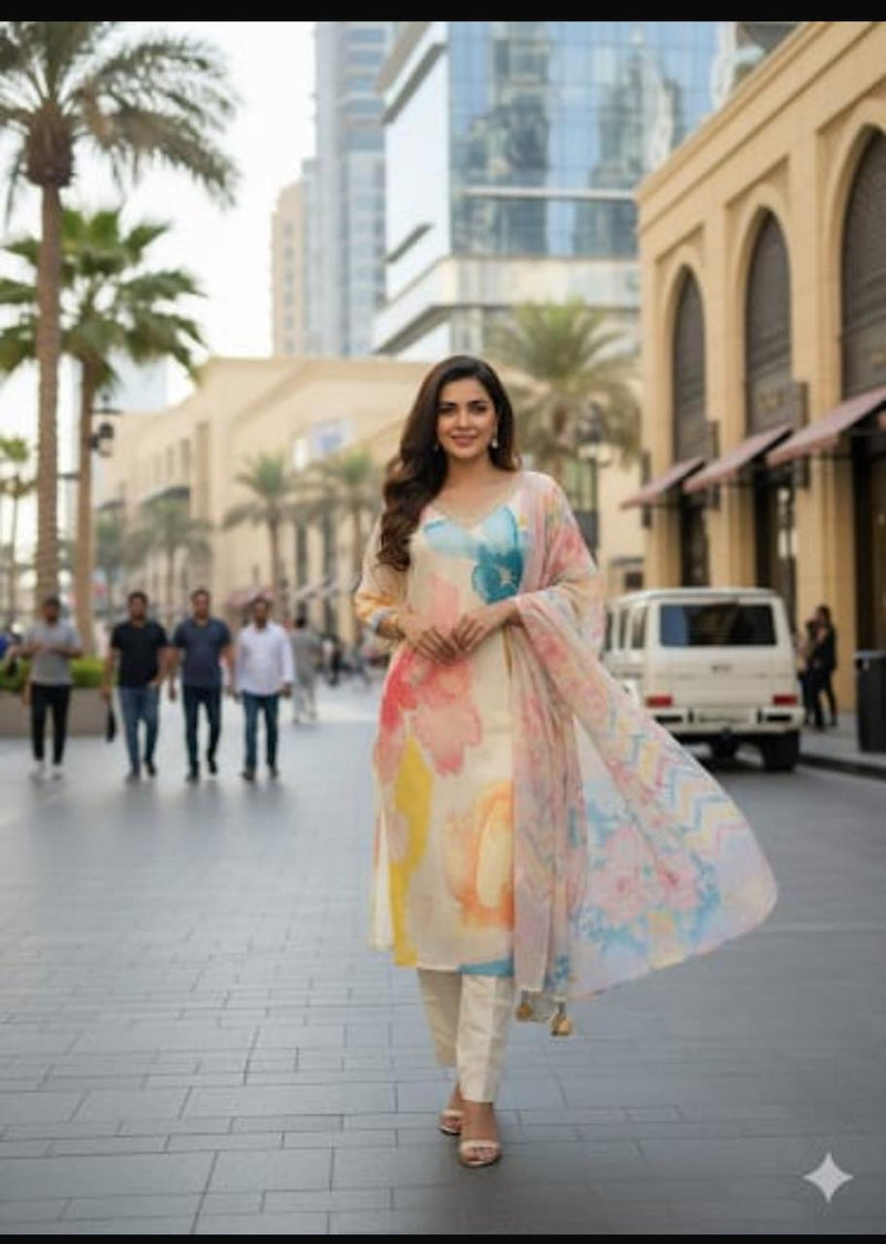Pastel Bloom Artistic Kurta Set with Dupatta