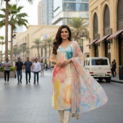 Pastel Bloom Artistic Kurta Set with Dupatta