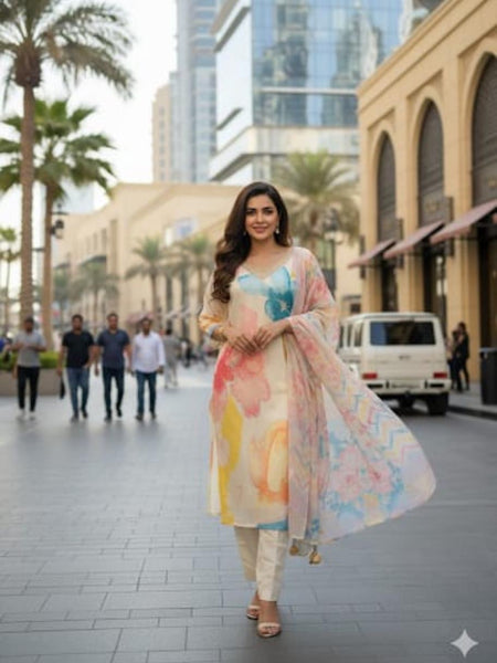 Pastel Bloom Artistic Kurta Set with Dupatta