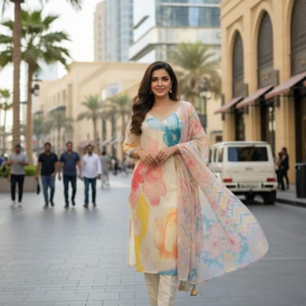 Pastel Bloom Artistic Kurta Set with Dupatta