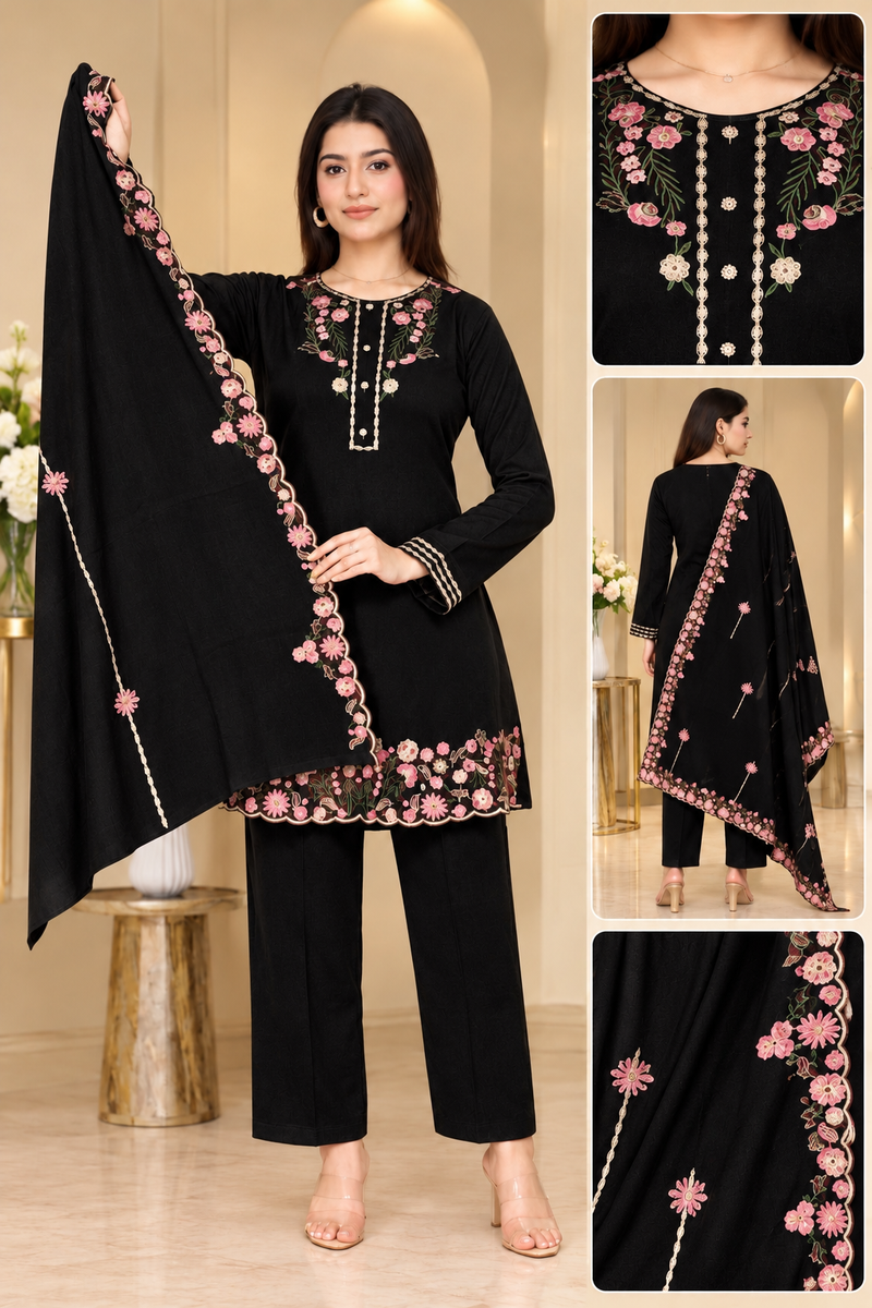 Floral Embroidered 3-Piece Suit Set with Dupatta for Women