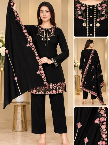 Floral Embroidered 3-Piece Suit Set with Dupatta for Women