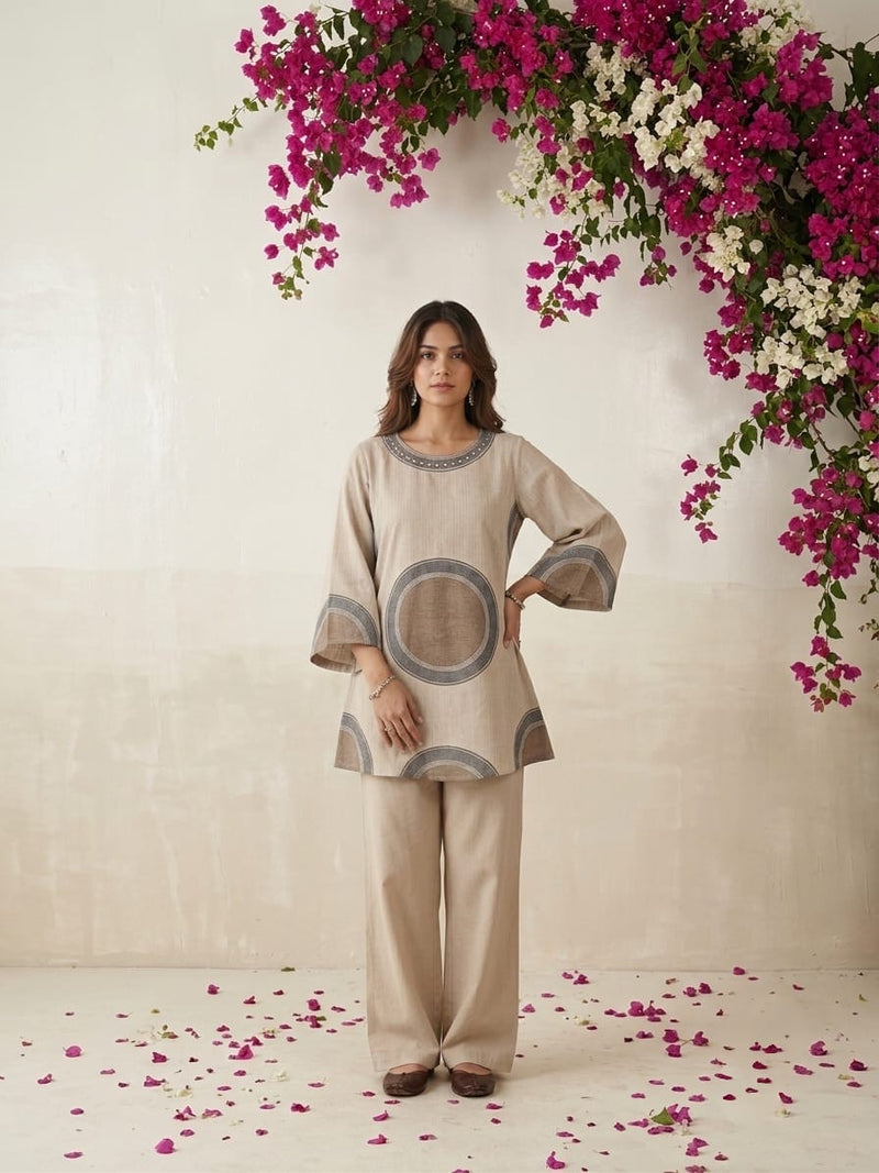 Beige Printed Co-Ord Set for Women | Contemporary Ethnic Kurta & Palazzo Set