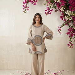 Beige Printed Co-Ord Set for Women | Contemporary Ethnic Kurta & Palazzo Set