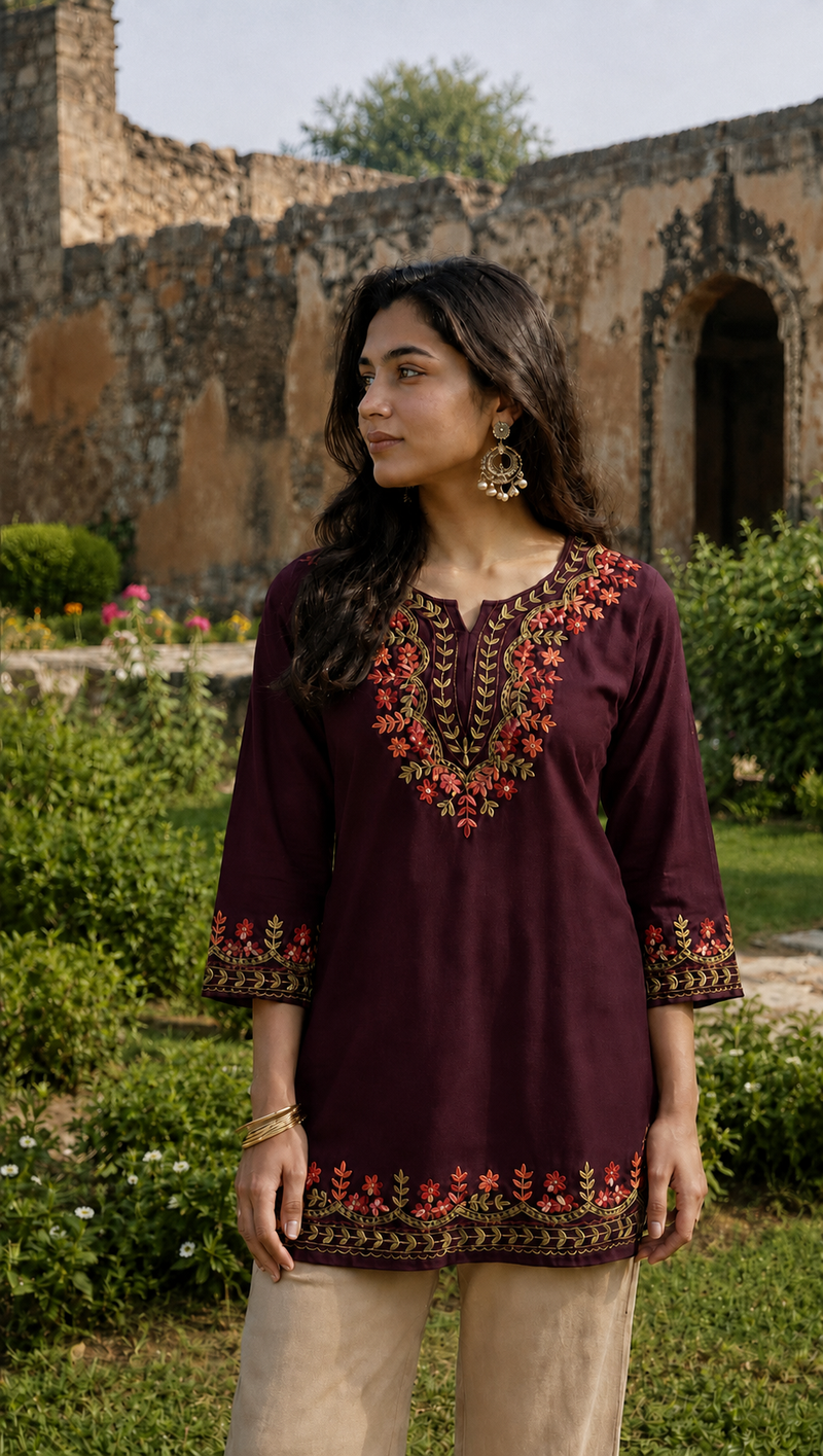 Bottle Green Multicolour Floral Embroidered Short Kurti for Women