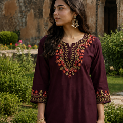 Bottle Green Multicolour Floral Embroidered Short Kurti for Women