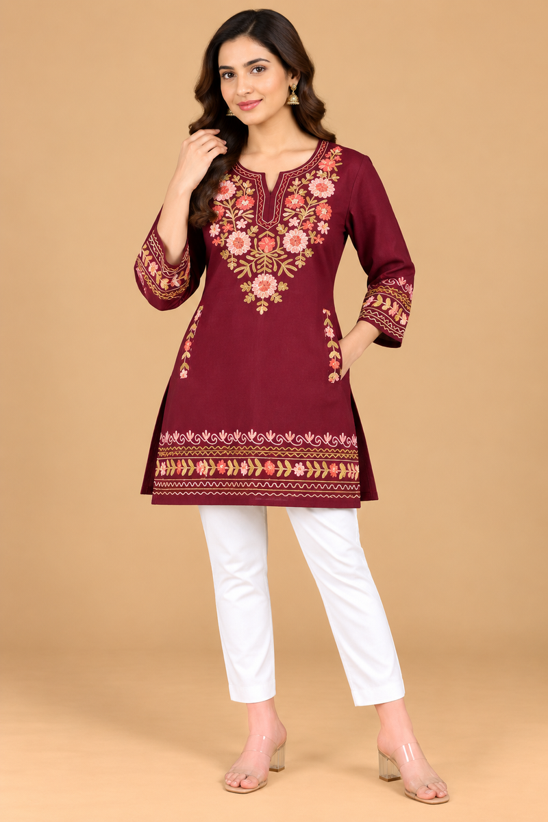 Multicolour Floral Embroidered Short Kurti for Women