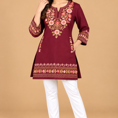 Multicolour Floral Embroidered Short Kurti for Women