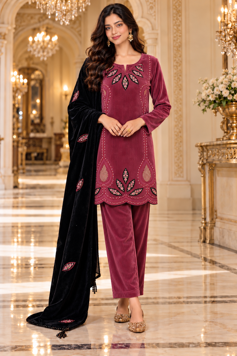 Corduroy Velvet Embroidered Kurta Pant Set with Black Dupatta