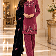 Corduroy Velvet Embroidered Kurta Pant Set with Black Dupatta