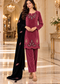 Corduroy Velvet Embroidered Kurta Pant Set with Black Dupatta