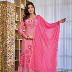 Premium Mul Chanderi Appliqué & Mirror Work Kurta Set with Dupatta