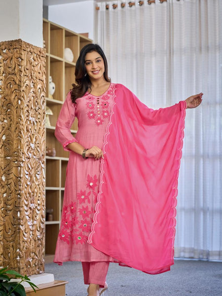 Premium Mul Chanderi Appliqué & Mirror Work Kurta Set with Dupatta