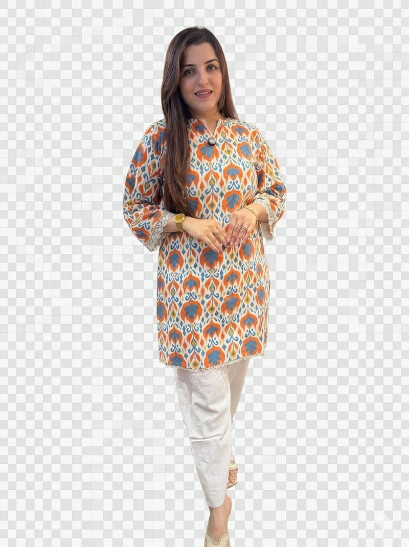 Ivory Brown Printed Kurta with Cream Palazzo Set for Women | Elegant Cotton Ethnic Co-Ord Set