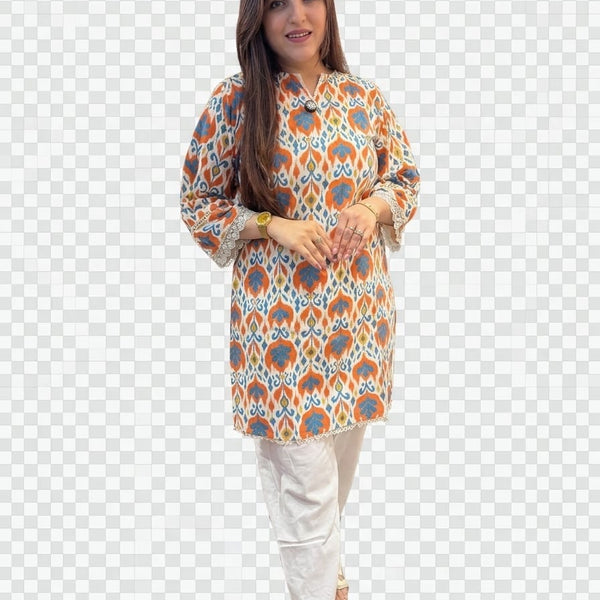 Ivory Brown Printed Kurta with Cream Palazzo Set for Women | Elegant Cotton Ethnic Co-Ord Set