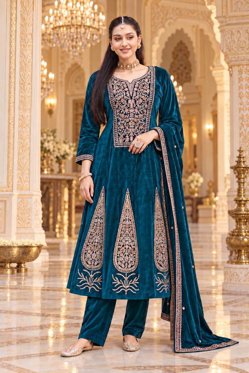 Royal Teal Velvet Mughal Embroidered Anarkali Suit Set