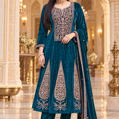 Royal Teal Velvet Mughal Embroidered Anarkali Suit Set