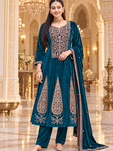 Royal Teal Velvet Mughal Embroidered Anarkali Suit Set