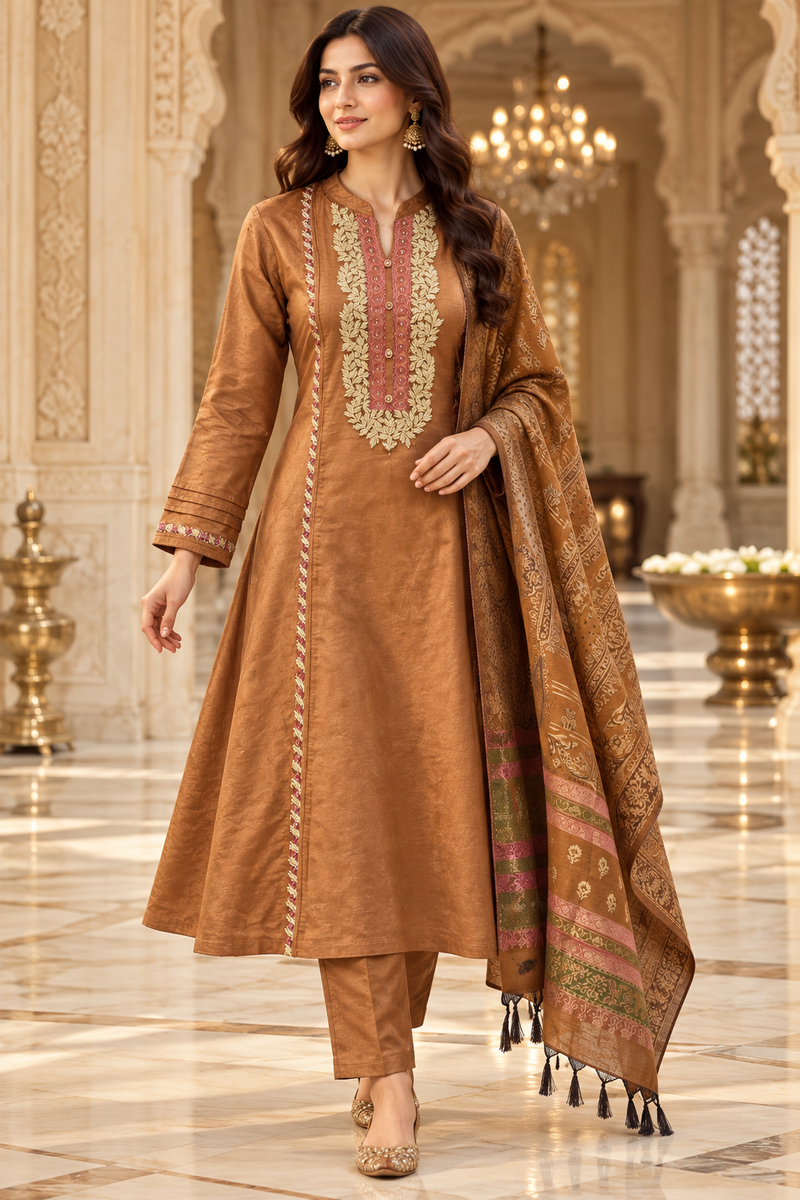 Corduroy velvet Embroidered A-Line 3-Piece Suit Set with Printed Dupatta