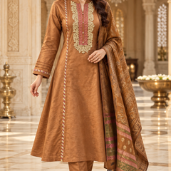 Corduroy velvet Embroidered A-Line 3-Piece Suit Set with Printed Dupatta
