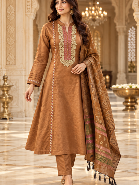Corduroy velvet Embroidered A-Line 3-Piece Suit Set with Printed Dupatta