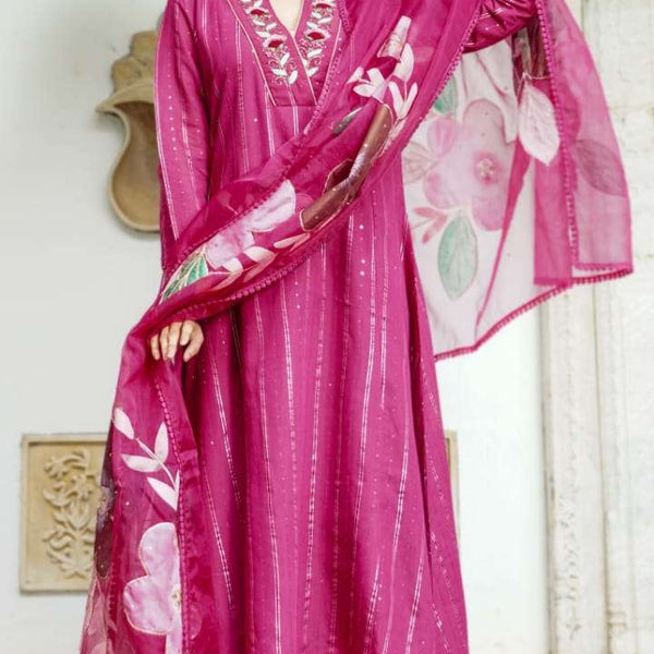 Rani Pink Embroidered Kurta Set with Floral Chiffon Dupatta
