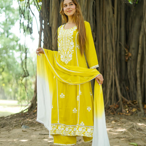 Cotton Kurta Set with Yellow & White Embroidery & Ombre Dupatta