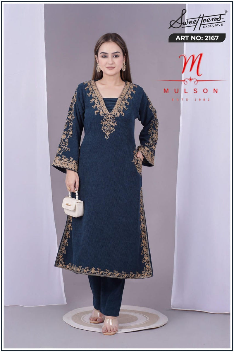 Elegant navy blue embroidered kurti from Sweetteens Exclusive featuring intricate golden thread work on neckline and sleeves — a perfect blend of grace and style for festive and party wear.”2167 swt