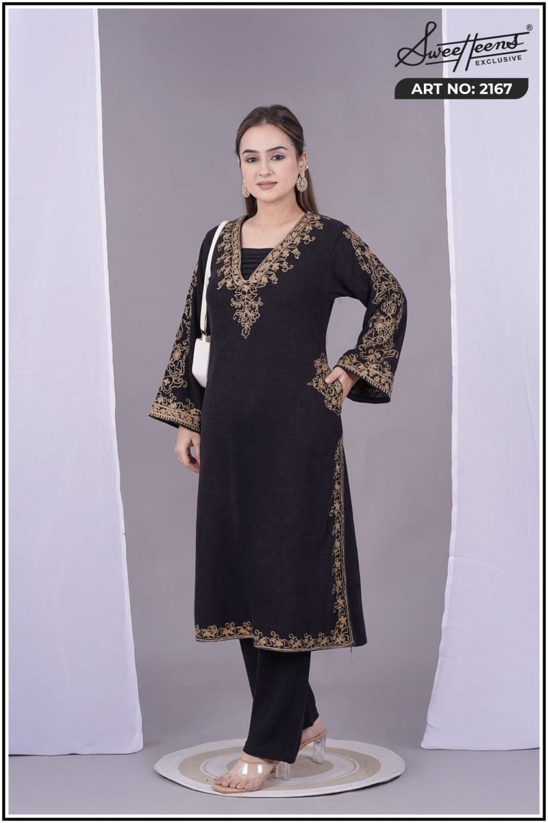 Elegant navy blue embroidered kurti from Sweetteens Exclusive featuring intricate golden thread work on neckline and sleeves — a perfect blend of grace and style for festive and party wear.”2167 swt