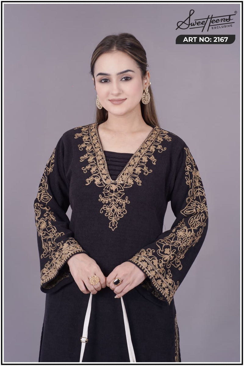 Elegant navy blue embroidered kurti from Sweetteens Exclusive featuring intricate golden thread work on neckline and sleeves — a perfect blend of grace and style for festive and party wear.”2167 swt