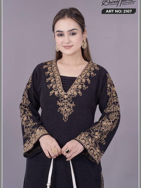 Elegant navy blue embroidered kurti from Sweetteens Exclusive featuring intricate golden thread work on neckline and sleeves — a perfect blend of grace and style for festive and party wear.”2167 swt